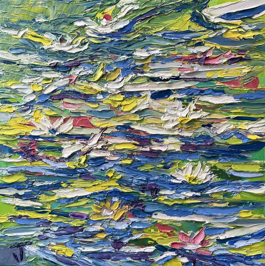 Painted Pond, a small square oil painting by Joe Trimmeliti